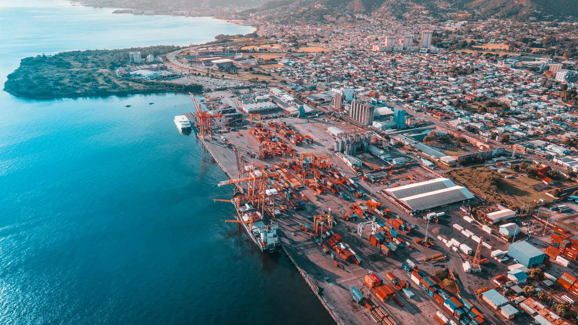 Aerial view of a container port terminal